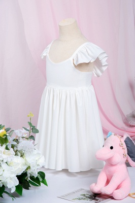 Weißes Rüschenärmel Blumenmädchenkleid Plissee A-Linie Kleines Mädchenkleid für Hochzeitsfeier_5