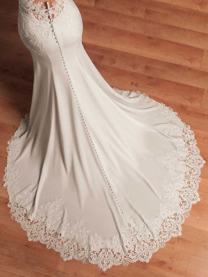 Weißes einfaches Hochzeitskleid Meerjungfrau V-Ausschnitt ärmelloses rückenfreies natürliches Taillen-Spitze-Brautkleid_4