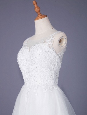 Weißes einfaches Hochzeitskleid Spitze V-Ausschnitt ärmellos natürliche Taille Spitze Tüll A-Linie Brautkleider_4