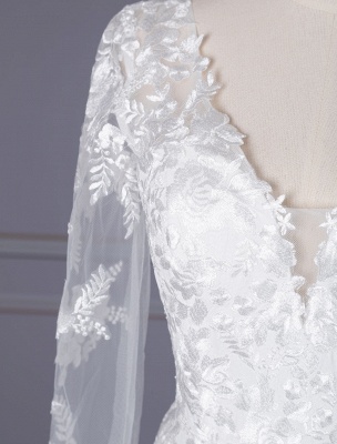 Robe de mariée simple blanche en mousseline de soie col en V manches longues dos nu fermeture éclair dentelle mousseline de soie une ligne robes de mariée_4