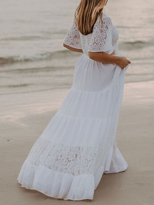 White Boho Wedding Dress V-neck Short Sleeve Natural Waist Lace A-Line Floor Length Bridal Wedding Gowns_3