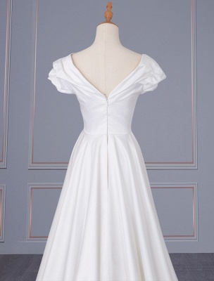 Ivory Simple Wedding Dress Satin Fabric V-Neck Short Sleeves Backless A-Line Long Bridal Dresses_5