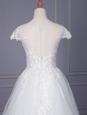 Ivory A-line Wedding Dresses With Train Short Sleeves Lace Tulle V-Neck Long Bridal Gowns_5