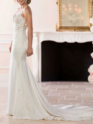 Weißes einfaches Hochzeitskleid Meerjungfrau V-Ausschnitt ärmelloses rückenfreies natürliches Taillen-Spitze-Brautkleid_2