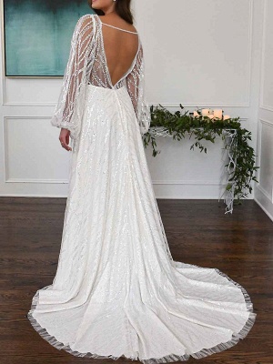 Robe de mariée simple blanche A-ligne col en V manches longues dos nu fendu devant dentelle robes de mariée_2