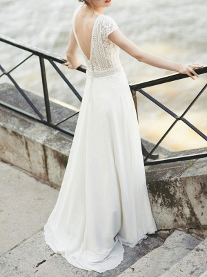 Ivory Simple Wedding Dress A-Line V-Neck Short Sleeves Backless Lace Chiffon Bridal Gowns_2