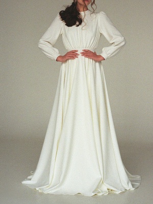 Ivory Simple Wedding Dress With Train Polyester Jewel Neck Long Sleeves Backless A-Line Bridal Gowns_7