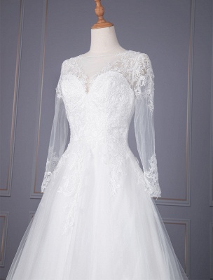 A Line V Neck White Simple Wedding Dress Long Sleeves Lace Tull Bridal Dresses_4