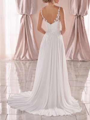 White Simple Wedding Dress A-Line V-Neck Sleeveless Backless Long Lace Bridal Gowns_2