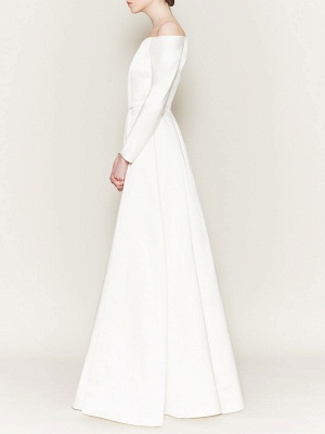 Bateau Neck Ivory Simple A-Line Wedding Dress Satin Long Sleeves Bridal Gowns_2