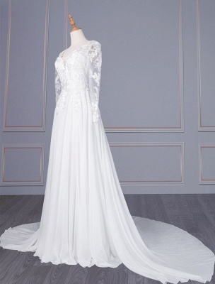 Robe de mariée simple blanche en mousseline de soie col en V manches longues dos nu fermeture éclair dentelle mousseline de soie une ligne robes de mariée_2