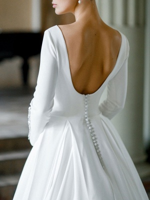 White Simple Wedding Dress With Train Stretch Crepe Jewel Neck Long Sleeves Backless A-Line Bridal Dresses_5