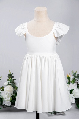 Weißes Rüschenärmel Blumenmädchenkleid Plissee A-Linie Kleines Mädchenkleid für Hochzeitsfeier_2