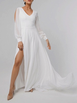 Robe de mariée simple blanche avec train une ligne col en V manches longues fendue devant en mousseline de soie robes de mariée_7