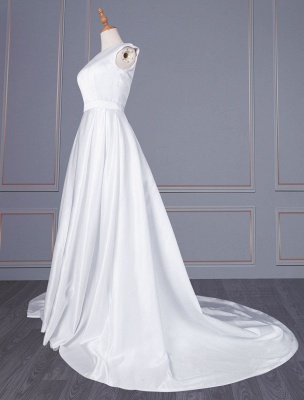 A Line Brautkleid Jewel Neck ärmellose weiße Satin Schärpe Brautkleider_2