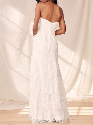 Weißes trägerloses ärmelloses Hochzeitskleid rückenfreies bodenlanges Spitzen-Verlobungskleid_3