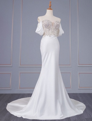 White Wedding Dress V-Neck Short Sleeves Backless Natural Waist Lace With Train Long Bridal Mermaid Dress_1