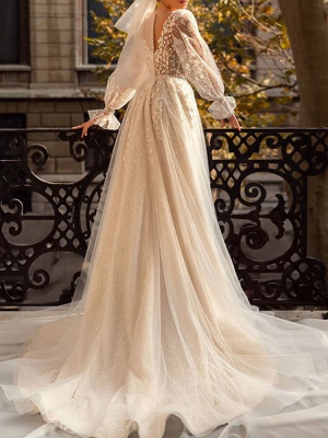 Robe de mariée simple blanche avec train A-ligne col en V taille naturelle manches longues en dentelle robes de mariée_2