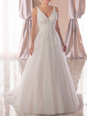 White Lace Bridal Dresses Simple A-Line Wedding Dress V-Neck Sleeveless Backless_1