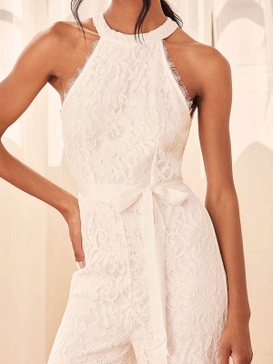 White Engagement Dress Halter Neck Sleeveless Zipper Natural Waist Floor Length Lace Engagement Dress_5