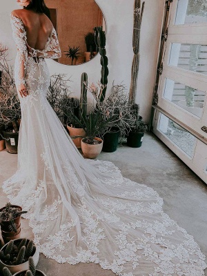 Eric White Wedding Dress Illusion Neckline Long Sleeves Backless Natural Waist Lace With Train Long Bridal Mermaid Dress_2