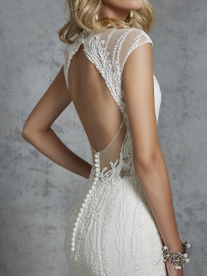 Robe de mariée en dentelle blanche pour femme col en V sans manches taille naturelle avec train robe de mariée sirène_3