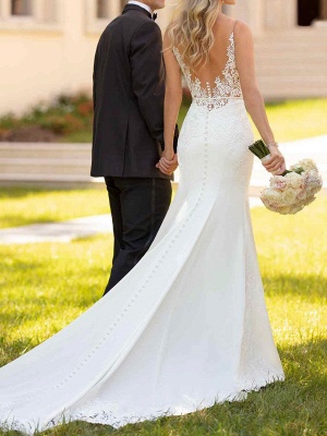 Weißes einfaches Hochzeitskleid Meerjungfrau V-Ausschnitt ärmelloses rückenfreies natürliches Taillen-Spitze-Brautkleid_6