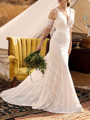 Weißes einfaches Brautkleid mit Zug Meerjungfrau V-Ausschnitt mit kurzen Ärmeln rückenfreie lange Spitze Brautkleider_4