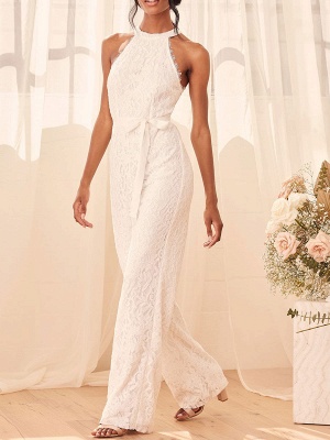 White Engagement Dress Halter Neck Sleeveless Zipper Natural Waist Floor Length Lace Engagement Dress_2