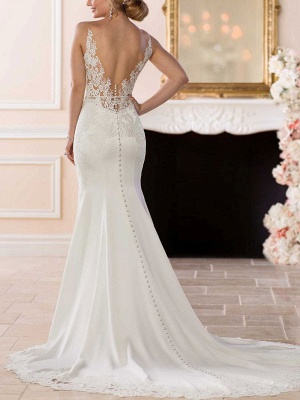 Weißes einfaches Hochzeitskleid Meerjungfrau V-Ausschnitt ärmelloses rückenfreies natürliches Taillen-Spitze-Brautkleid_3