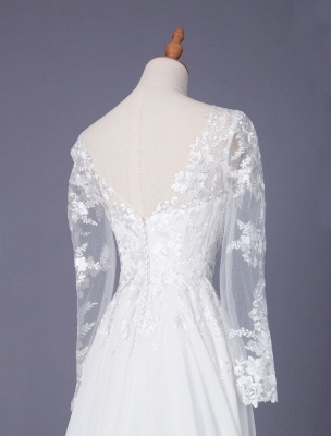 Robe de mariée simple blanche en mousseline de soie col en V manches longues dos nu fermeture éclair dentelle mousseline de soie une ligne robes de mariée_5