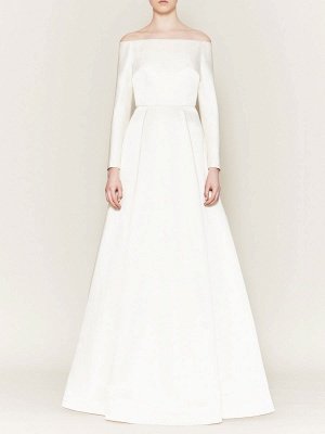 Bateau Neck Ivory Simple A-Line Wedding Dress Satin Long Sleeves Bridal Gowns_1