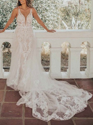 Weißes einfaches Hochzeitskleid Polyester V-Ausschnitt ärmellose rückenfreie Spitze A-Linie lange Brautkleider_1