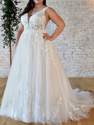 Simple Aline White Wedding Dress V-Neck Sleeveless Backless Lace Bridal Gowns_1