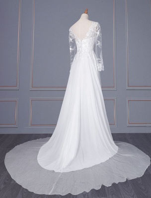 Robe de mariée simple blanche en mousseline de soie col en V manches longues dos nu fermeture éclair dentelle mousseline de soie une ligne robes de mariée_3