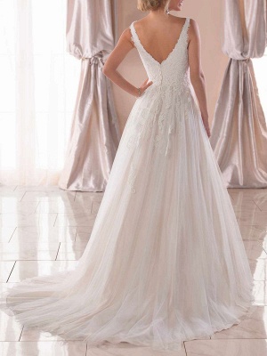 White Lace Bridal Dresses Simple A-Line Wedding Dress V-Neck Sleeveless Backless_2