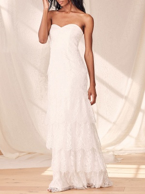 White Strapless Sleeveless Wedding Dress Backless Floor Length Lace Engagement Dress_2