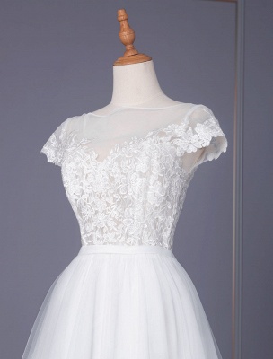 Vestido de novia blanco simple Encaje fuera del hombro Mangas cortas Encaje Una línea Vestidos de novia_4