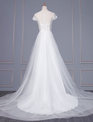 Robe de mariée simple blanche en dentelle sur l'épaule manches courtes en dentelle une ligne robes de mariée_3