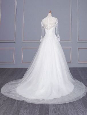 Une ligne col en V blanc robe de mariée simple manches longues dentelle tull robes de mariée_3