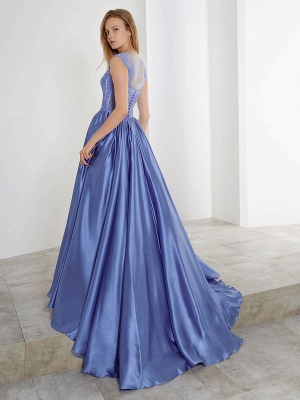 Sleeveless Lace Blue Wedding Dress With Train Strapless Satin A-line Bridal Gown_2