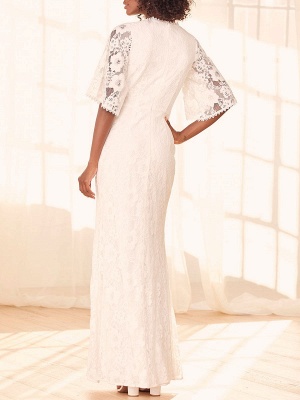 V Neck Half Sleeves White Engagement Dress Floor Length A Line Lace Dress for Wedding_4