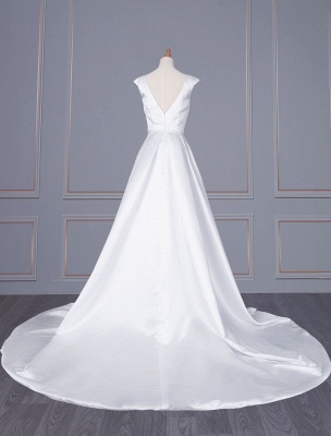 A Line Brautkleid Jewel Neck ärmellose weiße Satin Schärpe Brautkleider_3