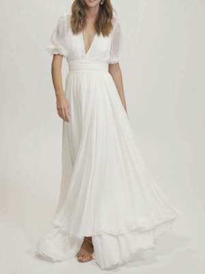 Ivory Simple Wedding Dress Chiffon V Neck Short Sleeves A Line Chiffon Bridal Dresses_1