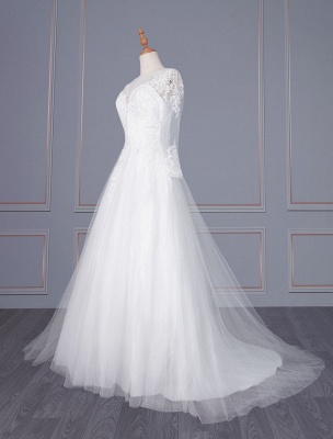 Une ligne col en V blanc robe de mariée simple manches longues dentelle tull robes de mariée_2