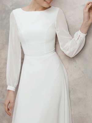 White A-Line Simple Wedding Dress Jewel Neck Long Sleeves Ankle-Length Zipper Chiffon Bridal Gowns_7