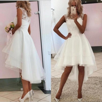 Stunning White Sleeveless Aline Lace Short Hi-Lo Wedding Dress_2