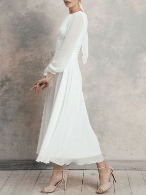 White A-Line Simple Wedding Dress Jewel Neck Long Sleeves Ankle-Length Zipper Chiffon Bridal Gowns_2