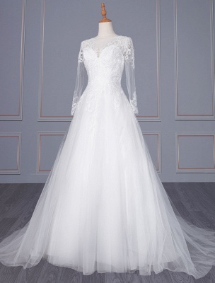 Une ligne col en V blanc robe de mariée simple manches longues dentelle tull robes de mariée_1