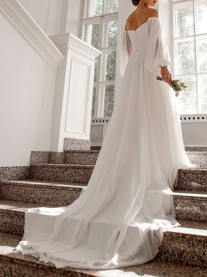 White Simple Wedding Dress With Train A-Line Bateau Neck Long Sleeves Backless Zipper Chiffon Bridal Dresses_3